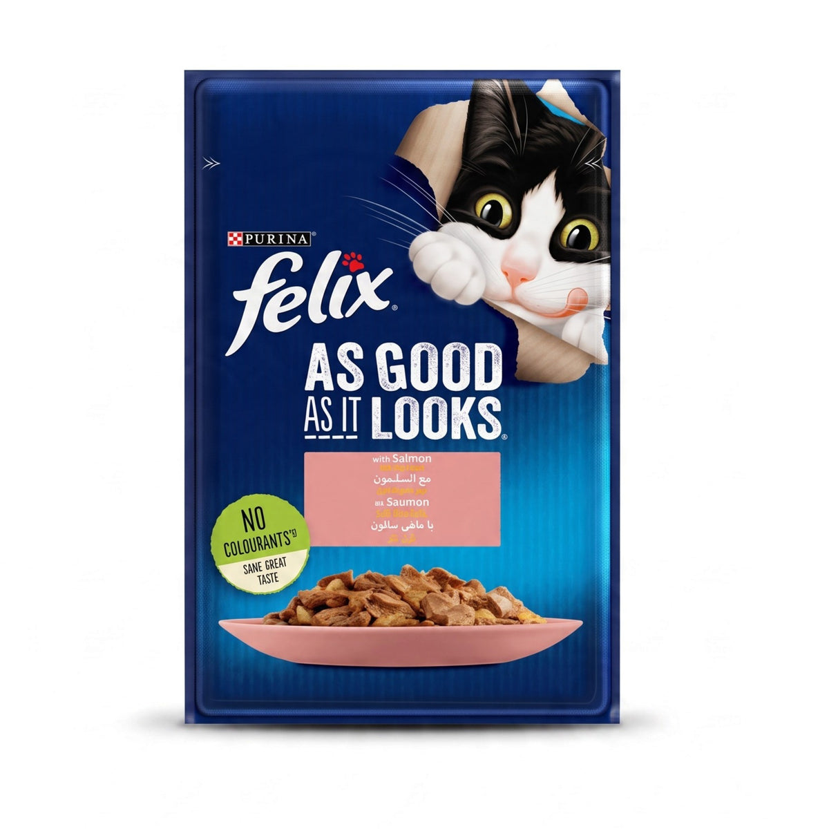 PetFriend Felix wet cat food pouch with trout and green beans in jelly, featuring a cat illustration on the packaging
