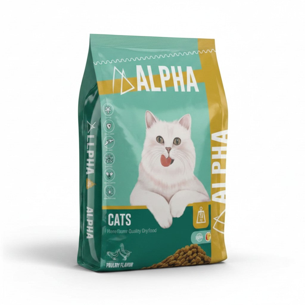 PetFriend Alpha Cat dry food 20 kg bag with a white cat illustration on a teal and yellow background