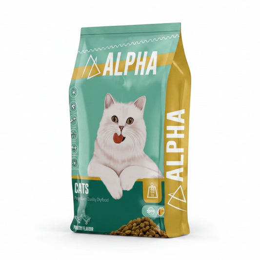 PetFriend Alpha 10kg dry cat food bag with a white cat illustration on a teal and gold background