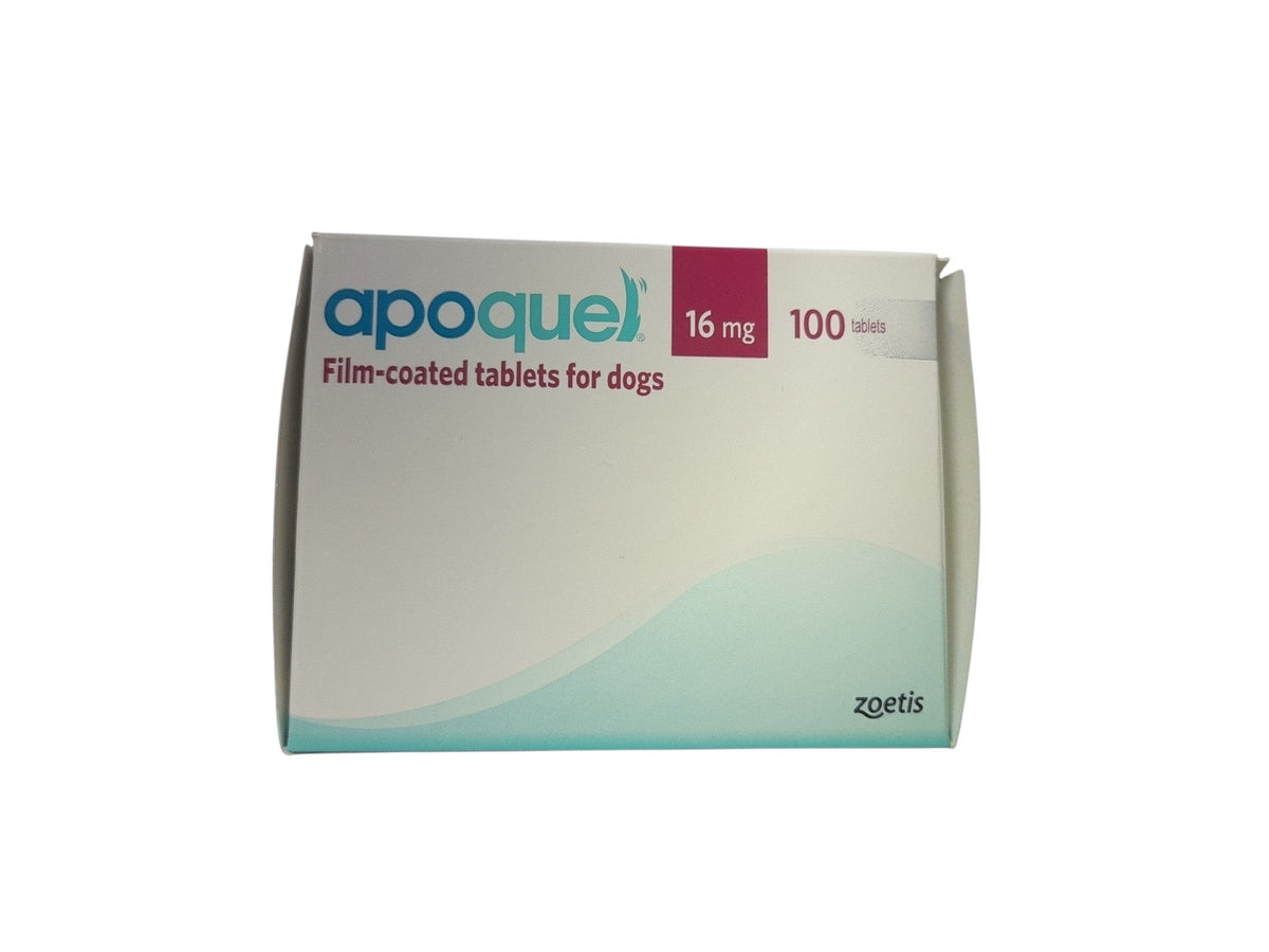 PetFriend Apoquel 16 mg film-coated tablets for dogs in a white and teal box for itch relief.