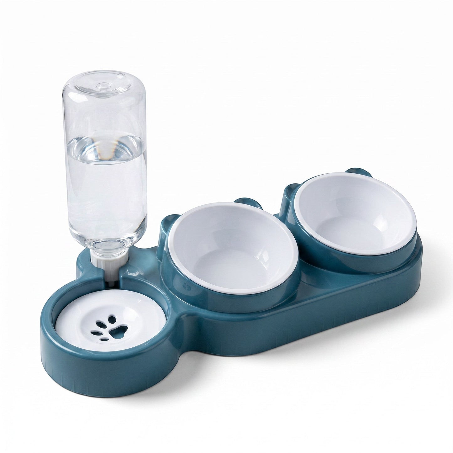 PetFriend automatic pet feeding station with two white bowls and a gravity-fed water dispenser in dark blue plastic.