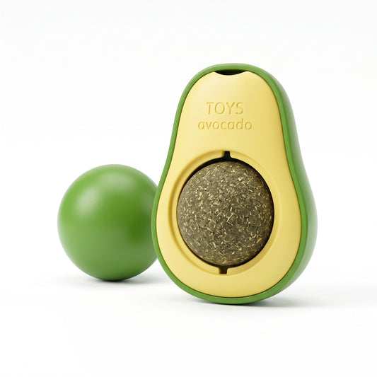 PetFriend avocado shaped catnip ball toy with a green outer shell and a textured catnip centre for feline play