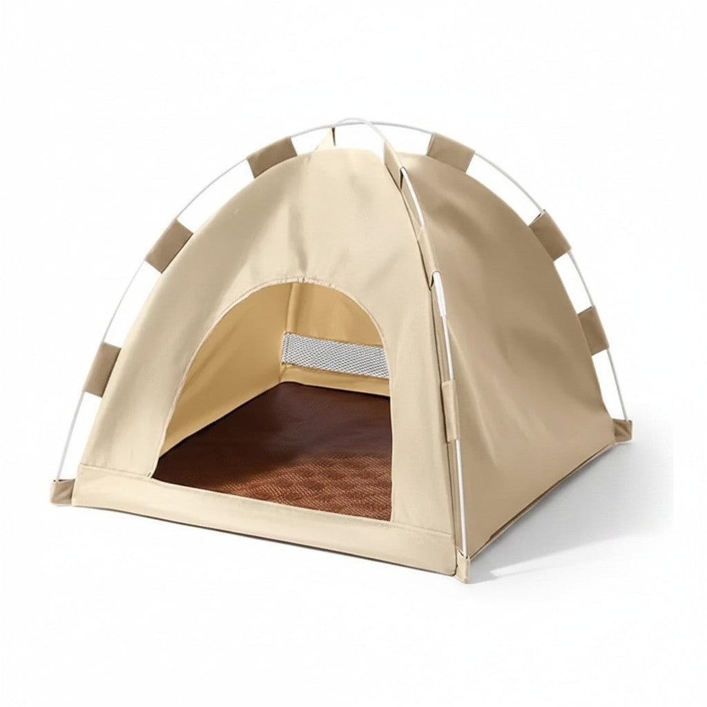 PetFriend beige fabric pet tent with a brown floor and white frame, perfect for indoor or outdoor pet lounging.