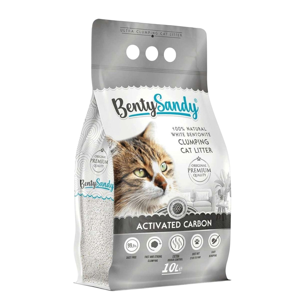 PetFriend Benty Sandy white bentonite clumping cat litter with activated carbon in a 10L bag