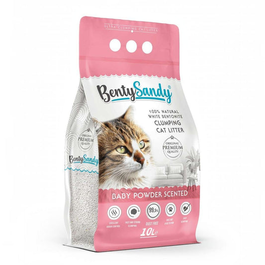 PetFriend Benty Sandy baby powder scented white bentonite clumping cat litter in a 10L pink bag