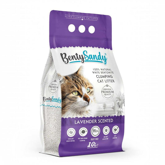 PetFriend Benty Sandy lavender scented white bentonite clumping cat litter in a 10L purple bag