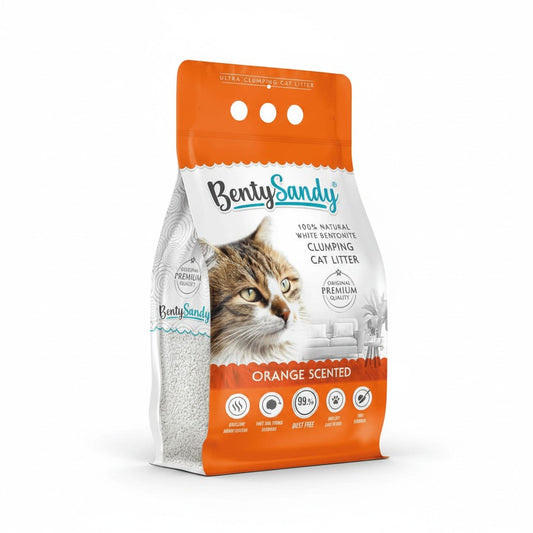 PetFriend Benty Sandy orange scented clumping cat litter in a 10L bag made from natural white bentonite.