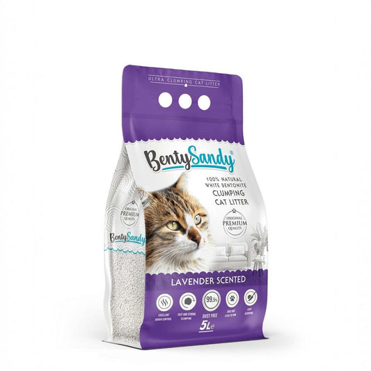 PetFriend BentySandy lavender scented white bentonite clumping cat litter in a 5L purple bag