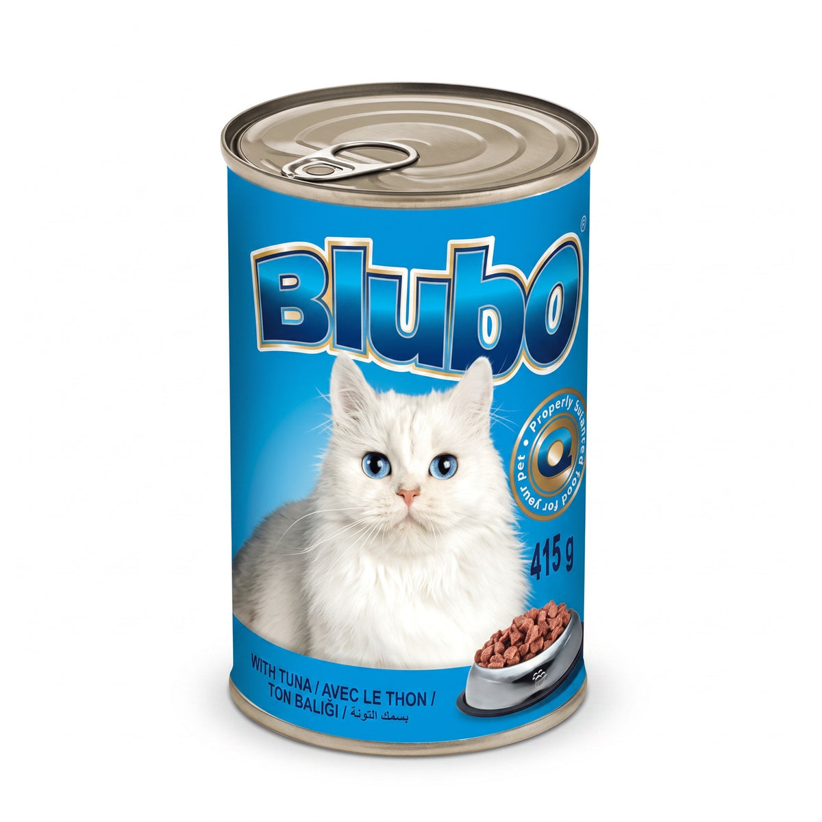 PetFriend Blubo tuna wet cat food in a 415g blue tin featuring a white cat illustration
