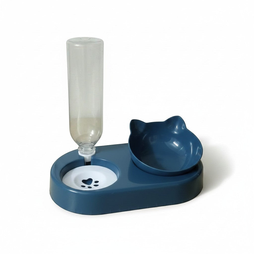 PetFriend blue cat-shaped food bowl with an integrated water dispenser bottle for cats