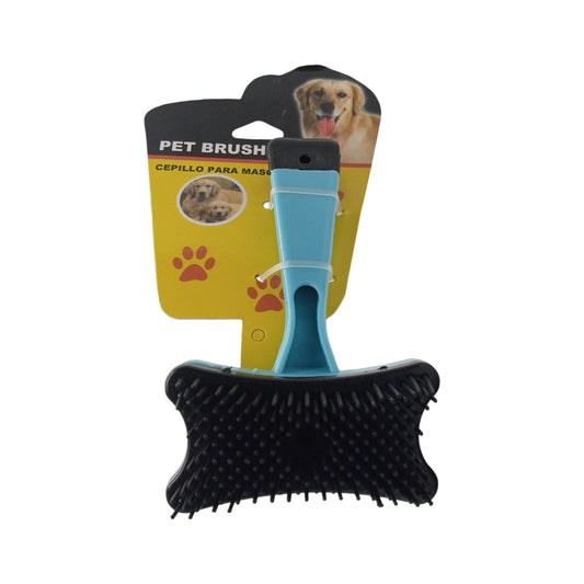 PetFriend pet hair removal brush with a blue ergonomic handle and black bristles, featuring a quick-release button.