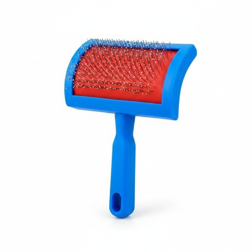 PetFriend blue and red ergonomic grooming brush for cats and dogs with fine metal bristles