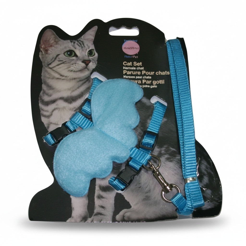 PetFriend blue winged cat harness and matching leash set with adjustable straps for secure outdoor walking