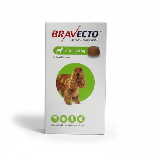 PetFriend Bravecto chewable tablet box for medium dogs weighing 10 to 20 kg, providing 12 weeks of flea and tick control.