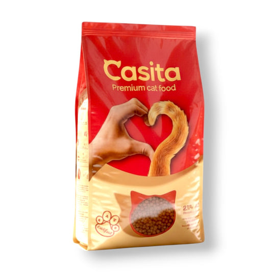 PetFriend Casita 10kg bag of premium dry cat food with red and gold packaging featuring a heart-shaped tail design.