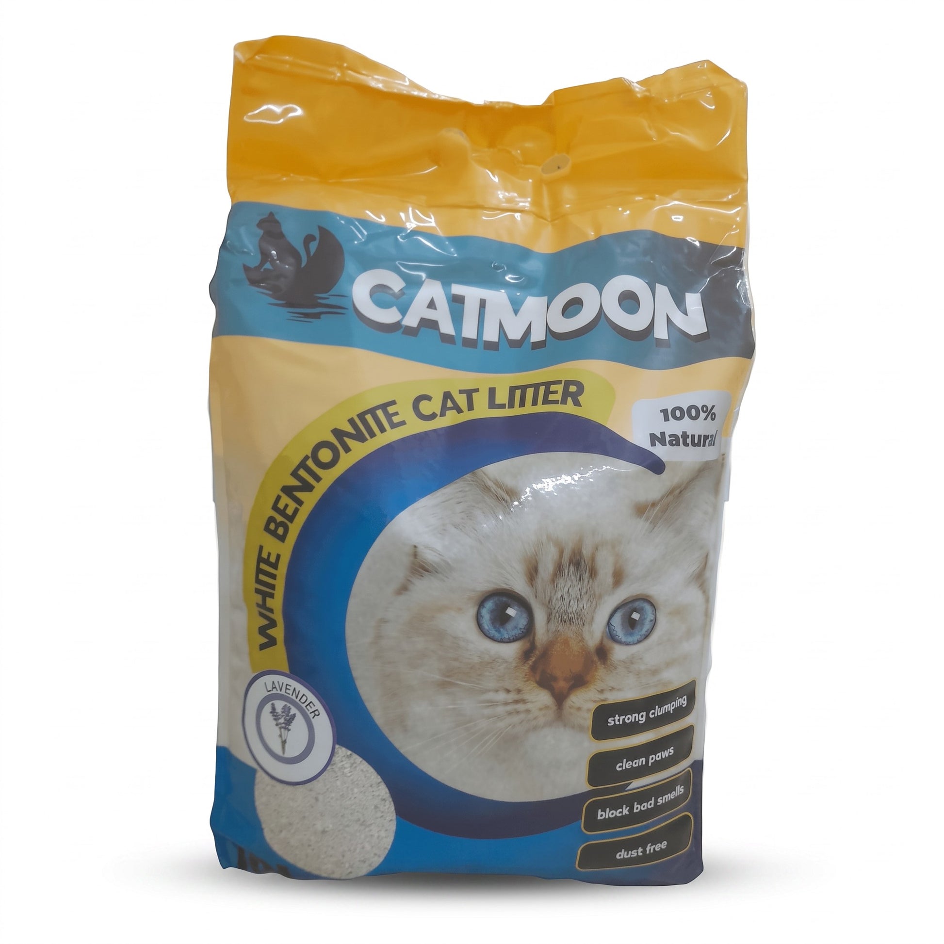 PetFriend Cat Moon lavender scented clumping cat litter in a 10L bag made from natural white calcium bentonite