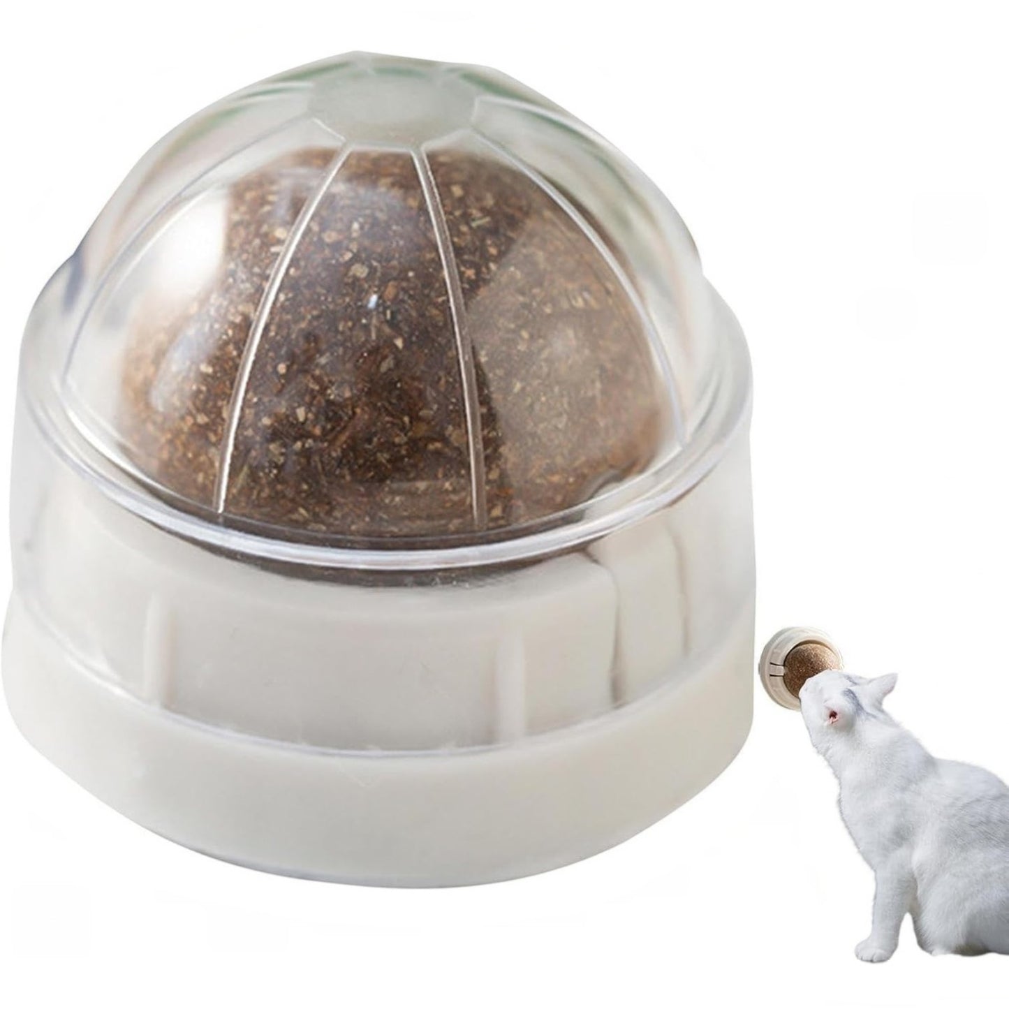 PetFriend catnip mint ball toy with a clear dome cover and white base, shown with a white cat interacting with it.