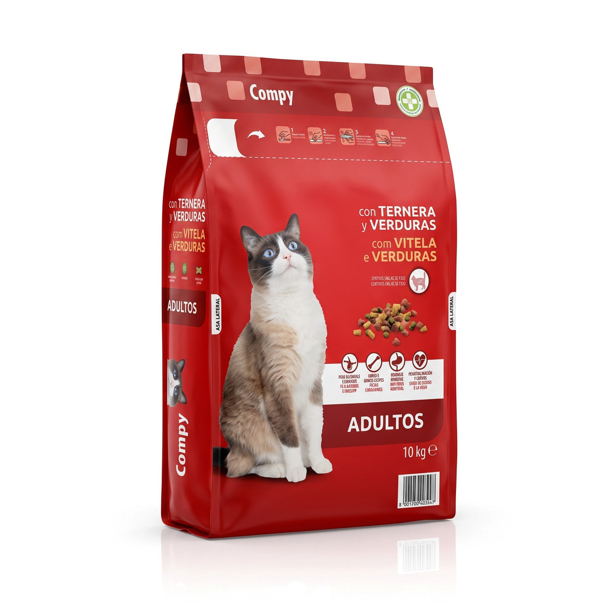 PetFriend Compy adult cat dry food in a 10kg red bag featuring a cat and veal and vegetable flavour illustration
