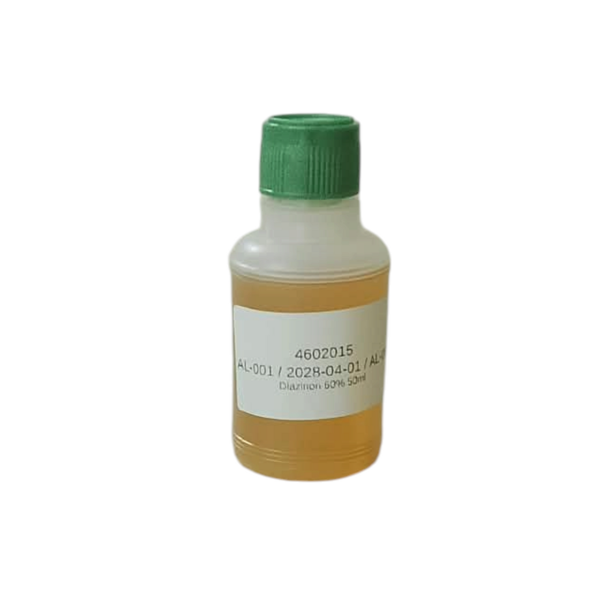 PetFriend Diazinon 60% insecticide in a 50ml clear plastic bottle with a green cap for household pest control.