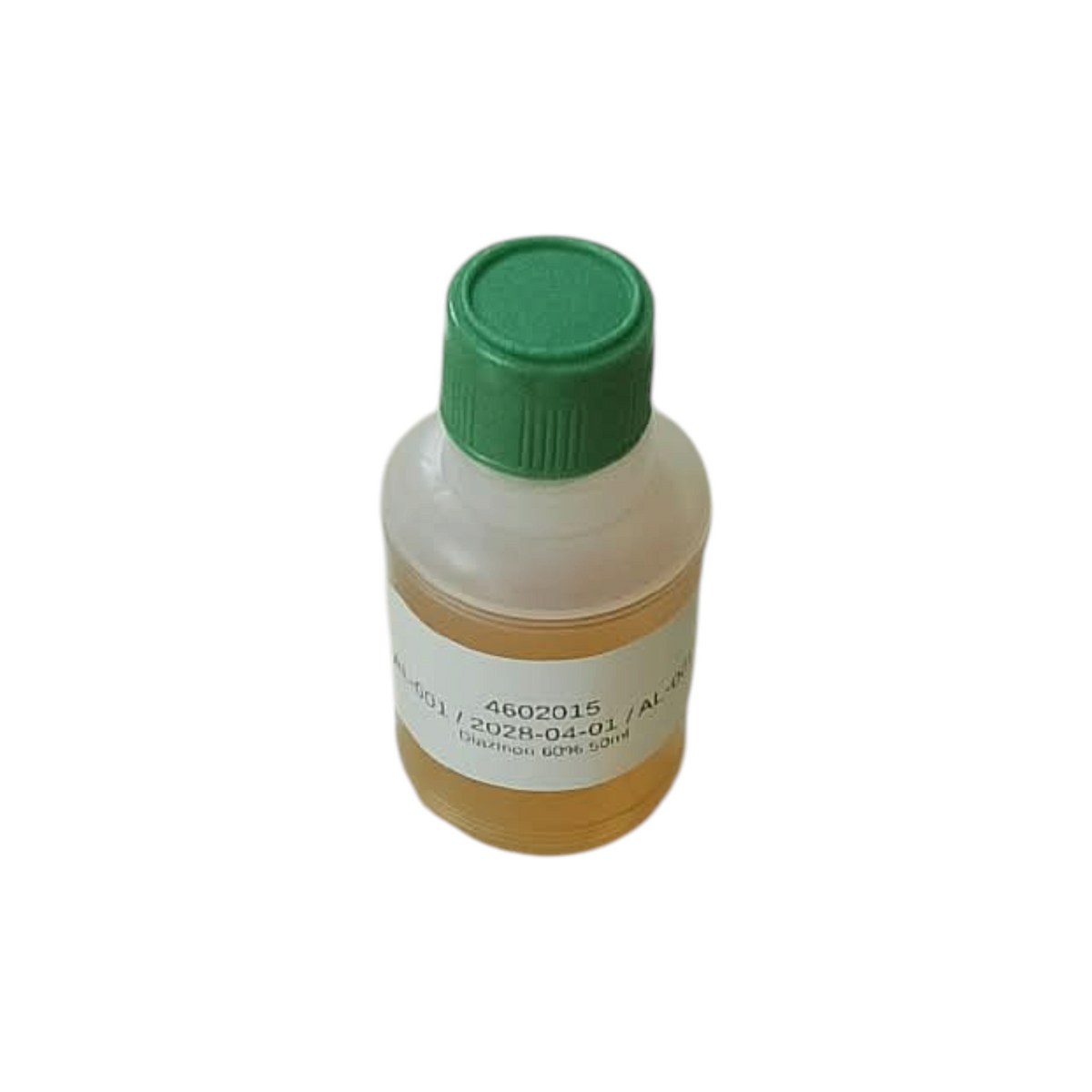 PetFriend Diazinon 60% insecticide in a 50ml clear plastic bottle with a green cap on a stone surface
