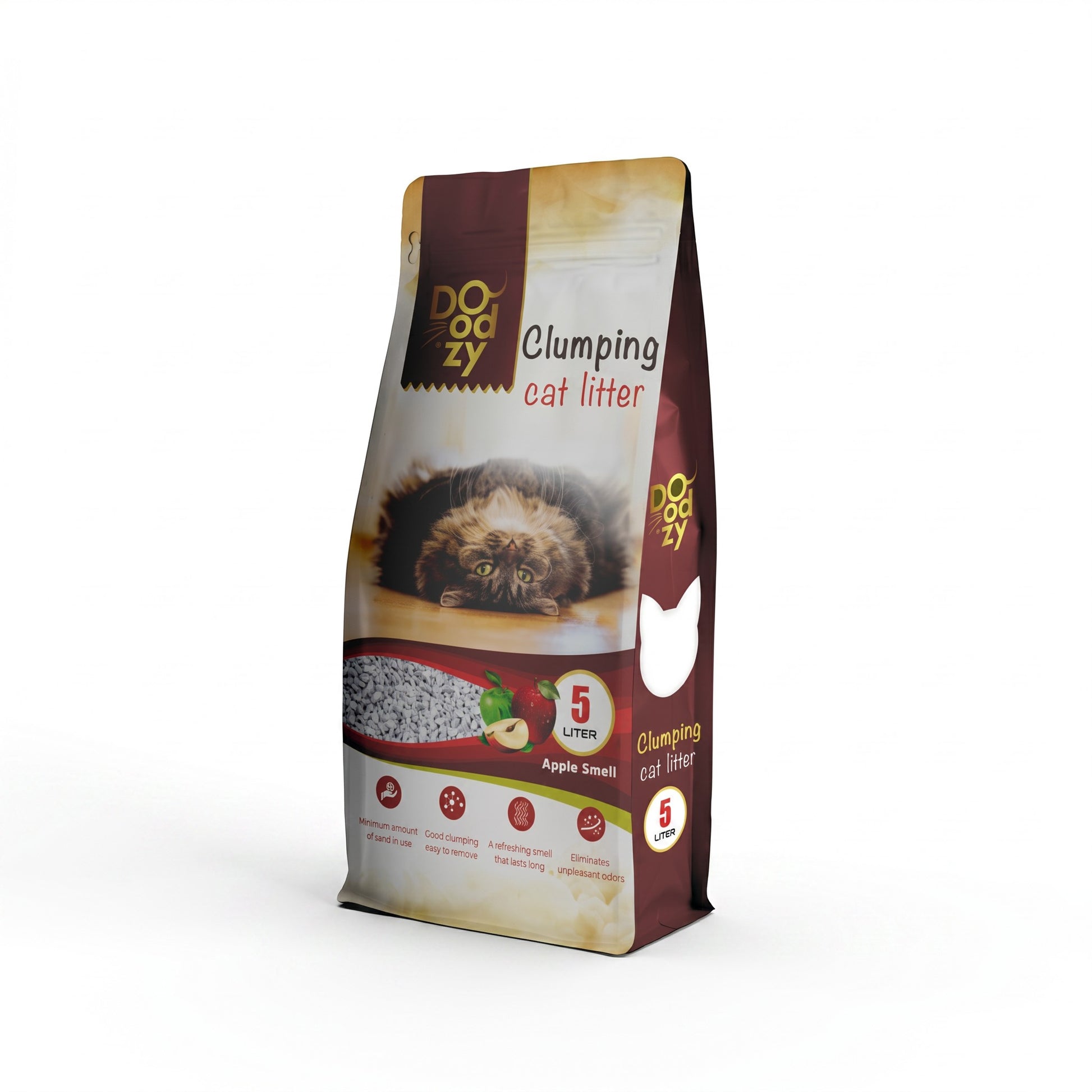 PetFriend Doodzy apple scented white bentonite clumping cat litter in a 5L bag with a cat illustration