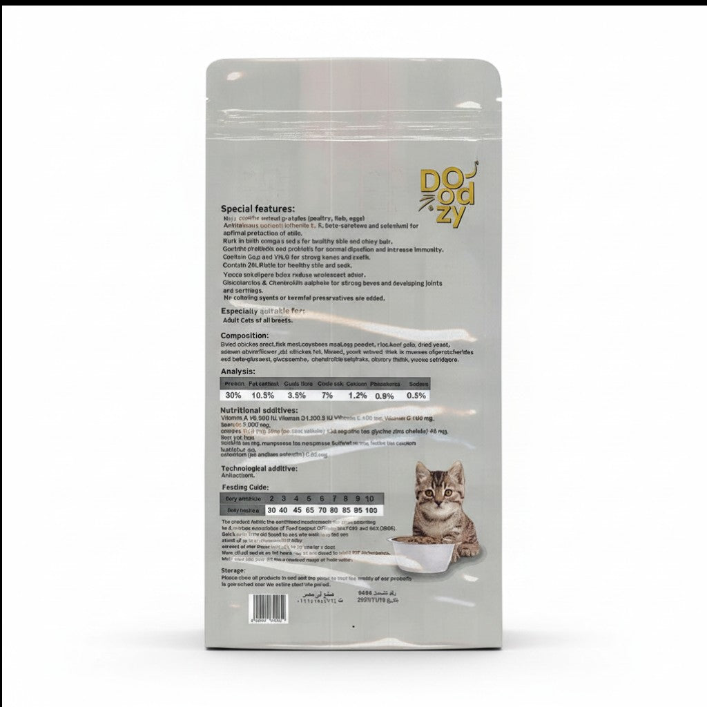 PetFriend Doodzy Premium chicken flavour cat dry food 1kg bag back view with feeding guide and nutritional analysis
