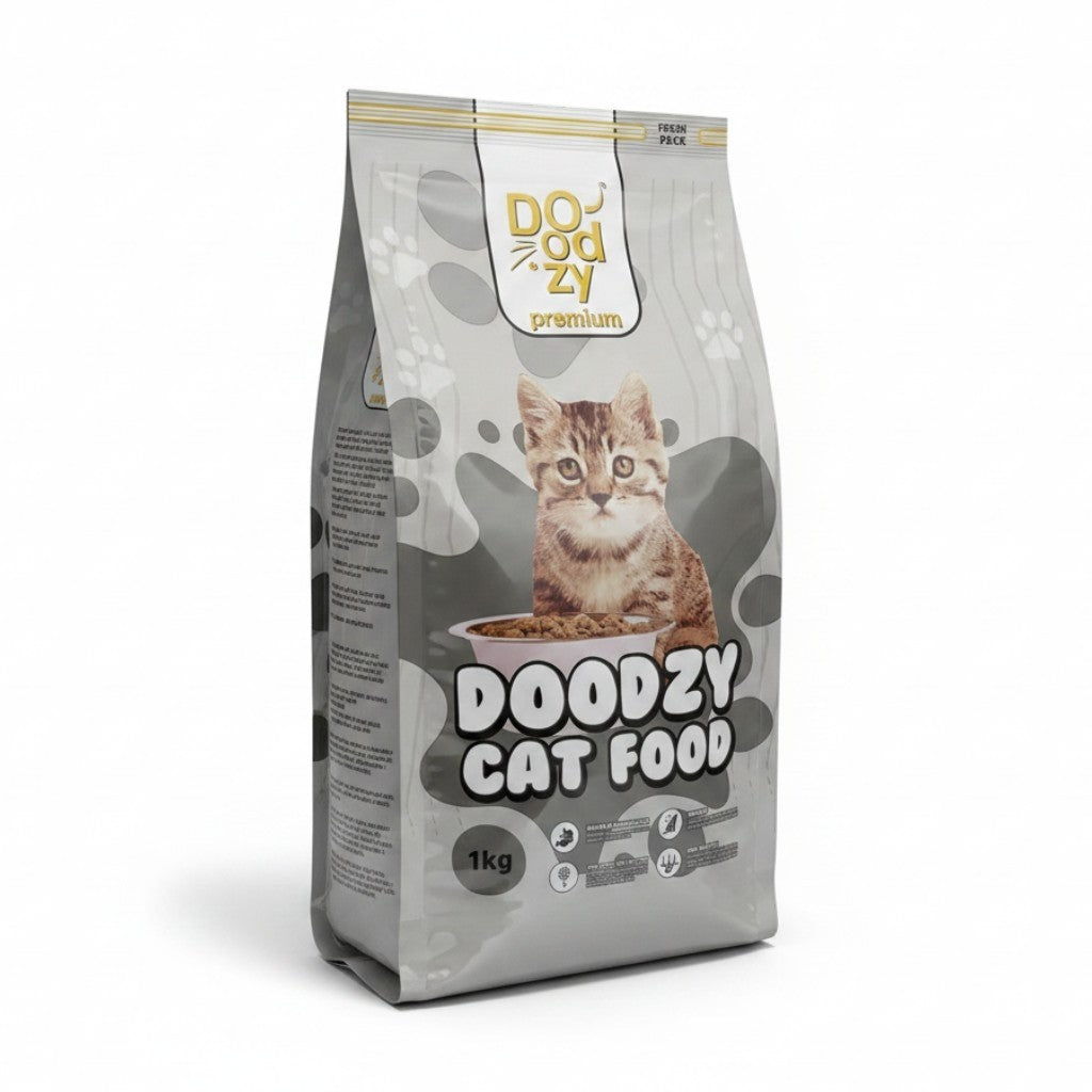 PetFriend Doodzy premium chicken flavour dry cat food in a 1kg grey bag with a cute kitten illustration
