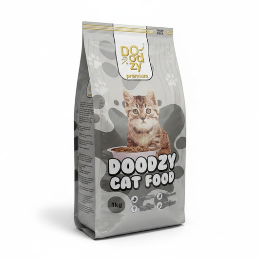 PetFriend Doodzy premium chicken flavour dry cat food in a 1kg grey bag with a cute kitten illustration