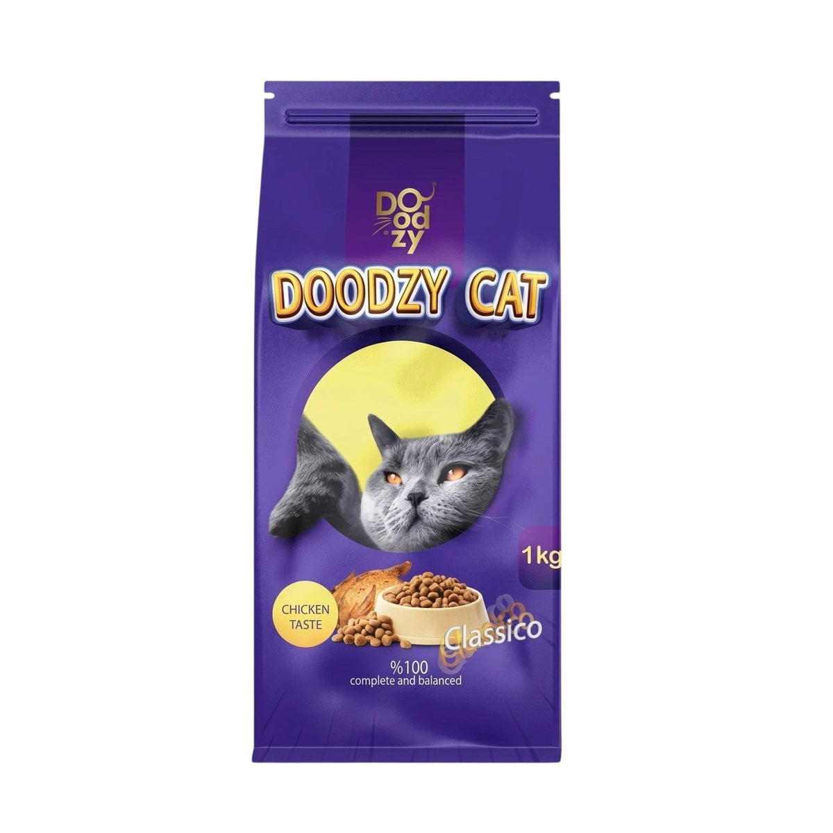 PetFriend Doodzy Classico chicken flavor dry cat food in a 1kg purple bag with a cat illustration
