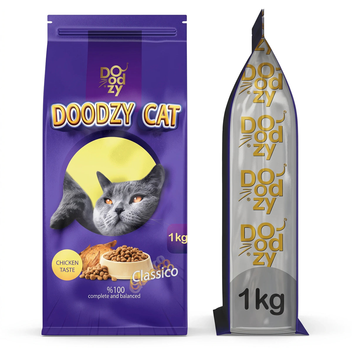 PetFriend Doodzy Classico chicken flavor dry cat food in a 1kg purple bag with a cat illustration