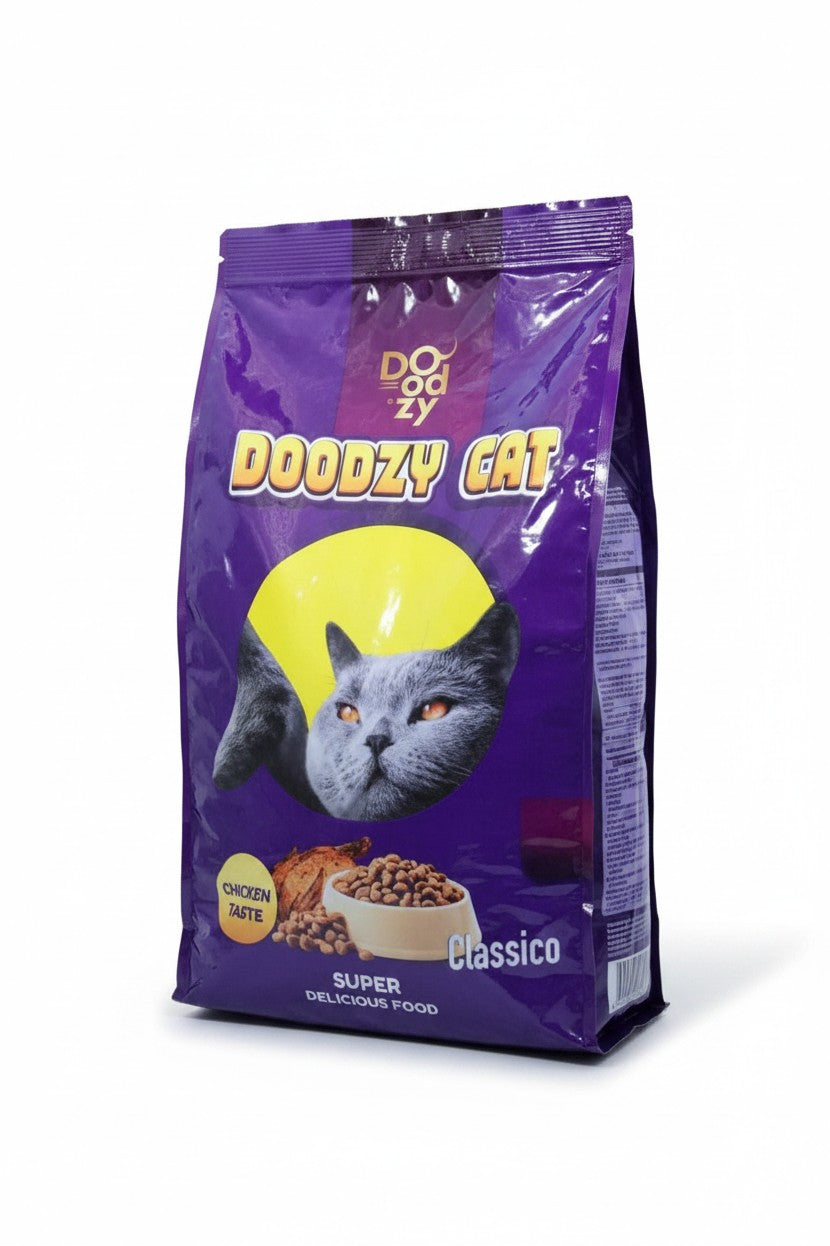 PetFriend Doodzy Classico chicken-flavored dry cat food in a 10 kg purple bag with a cat illustration