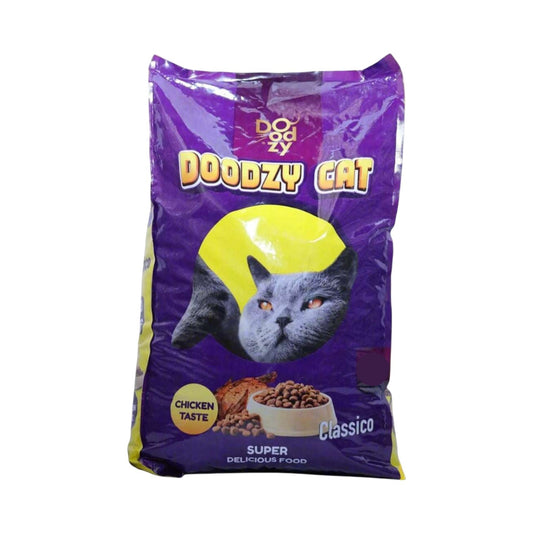 PetFriend Doodzy Classico chicken-flavoured dry cat food in a 20kg purple bag with a cat illustration.