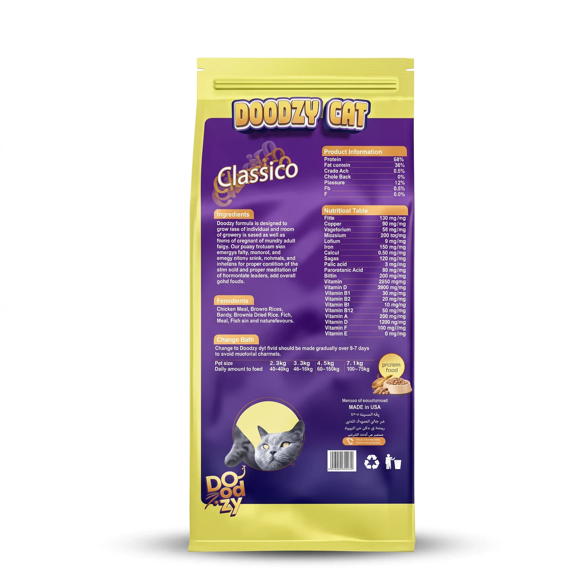 PetFriend DOODZY CLASSICO chicken flavor dry cat food 1kg bag with nutritional information and a cute cat illustration