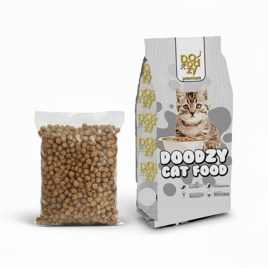 PetFriend DOODZY Premium chicken-flavored cat dry food in a 500g bag with a clear pouch of crunchy kibble.