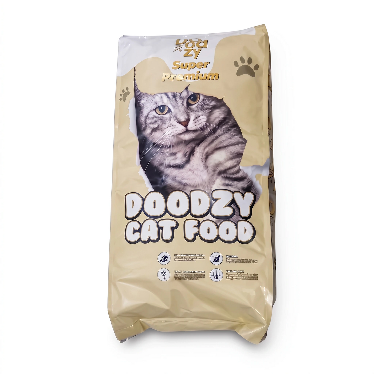 PetFriend DOODZY Super Premium chicken flavored dry cat food in a 15kg bag featuring a grey tabby cat illustration