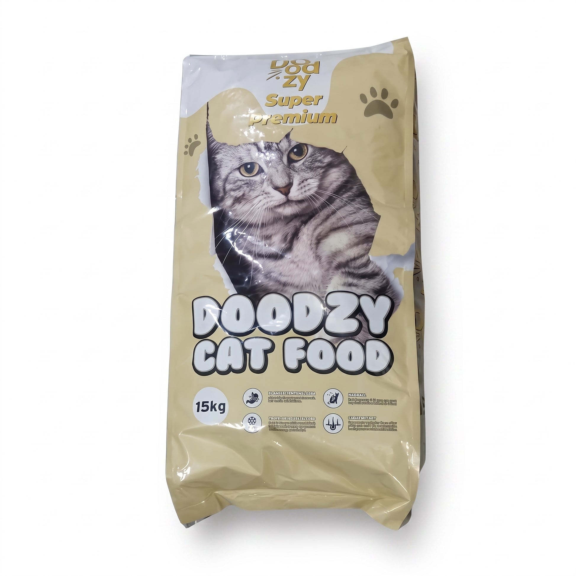 PetFriend Doodzy super premium chicken flavoured dry cat food in a 15kg bag featuring a grey tabby cat illustration