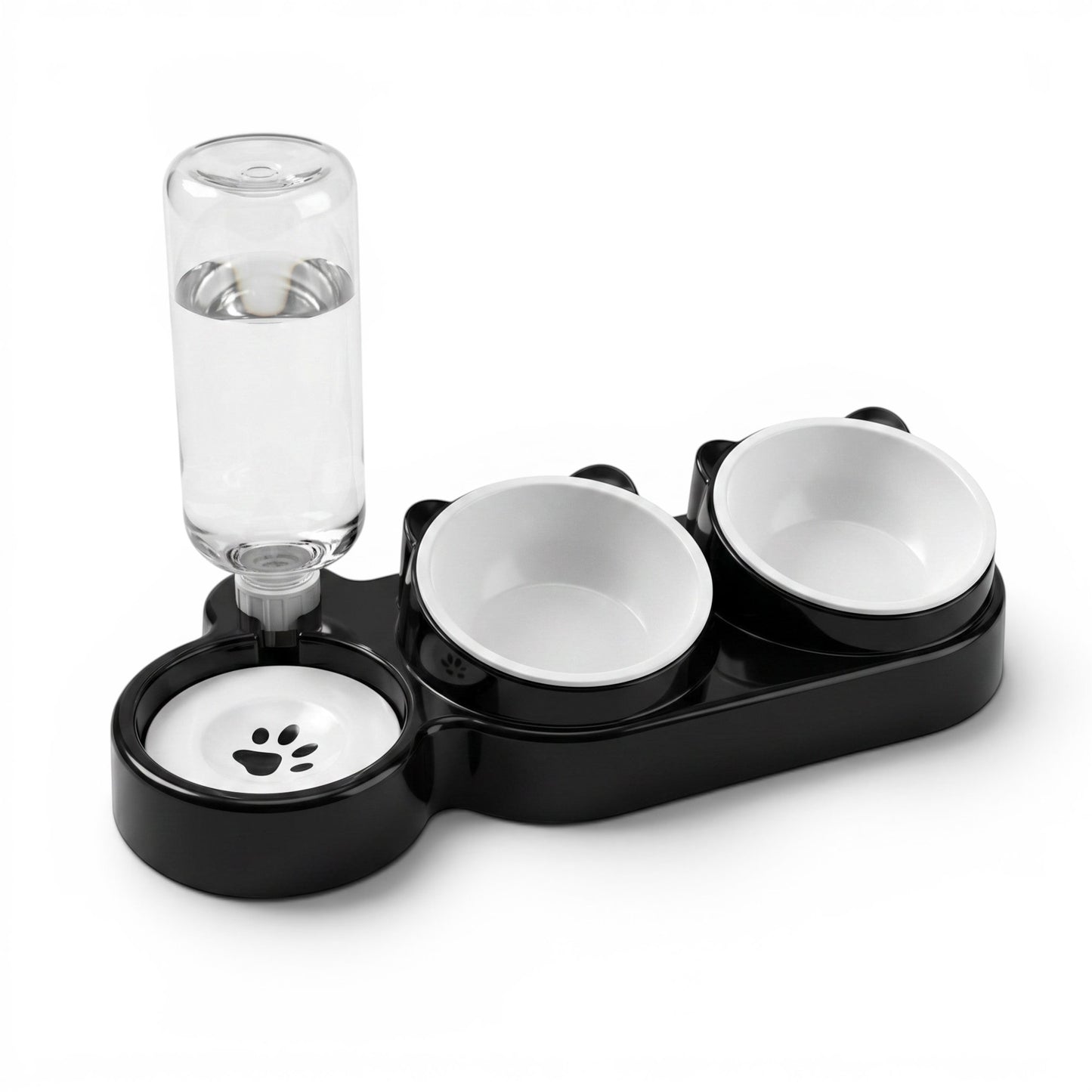 PetFriend double pet bowl station with automatic gravity water dispenser and two white food bowls on a black base