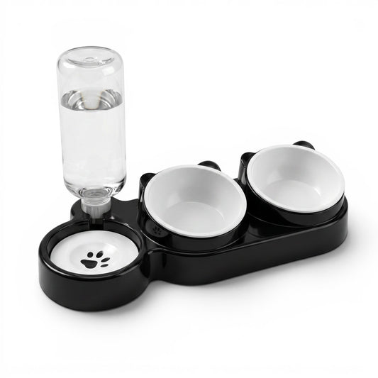 PetFriend double pet bowl station with automatic gravity water dispenser and two white food bowls on a black base