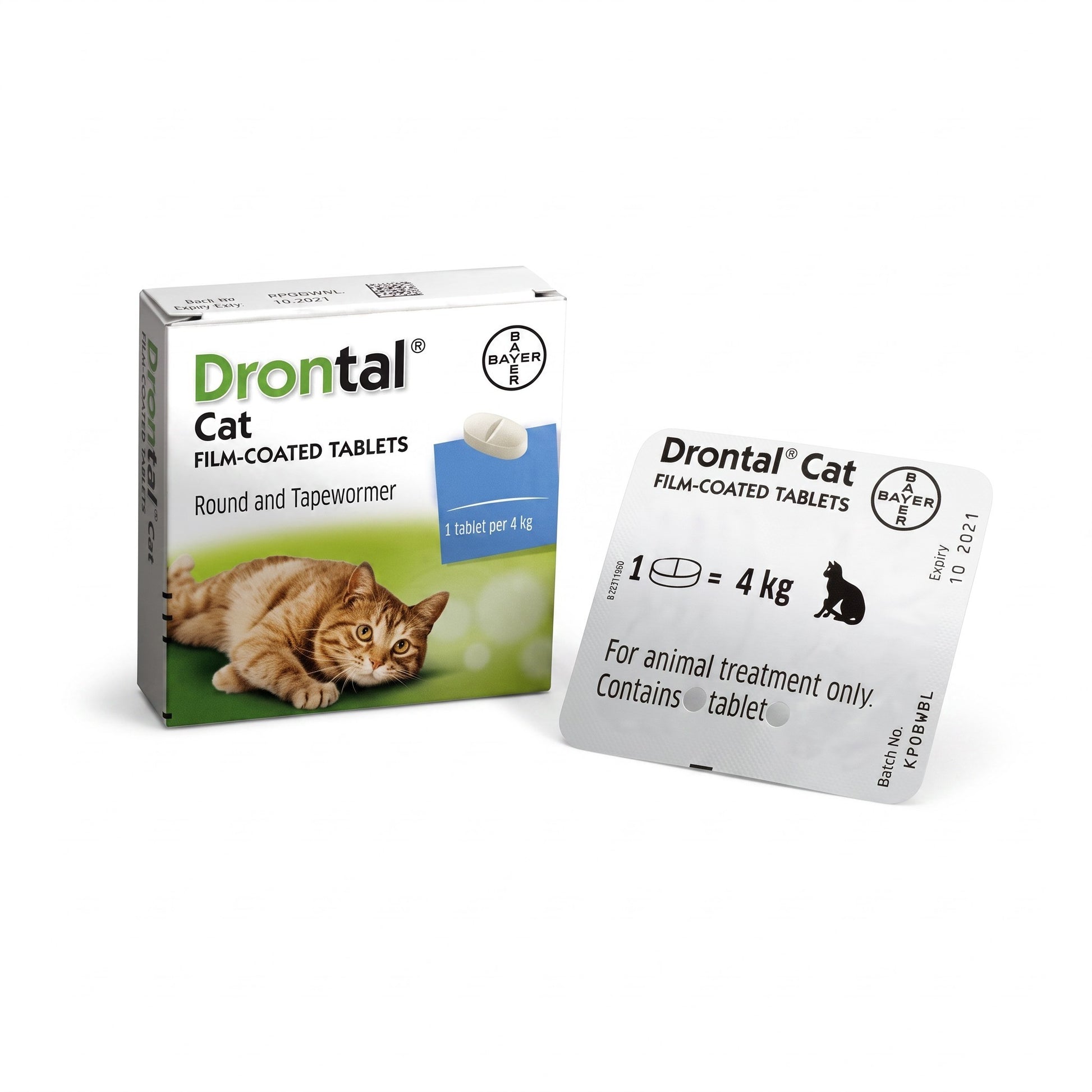 PetFriend Drontal cat deworming tablets in box and blister pack packaging for roundworm and tapeworm treatment.