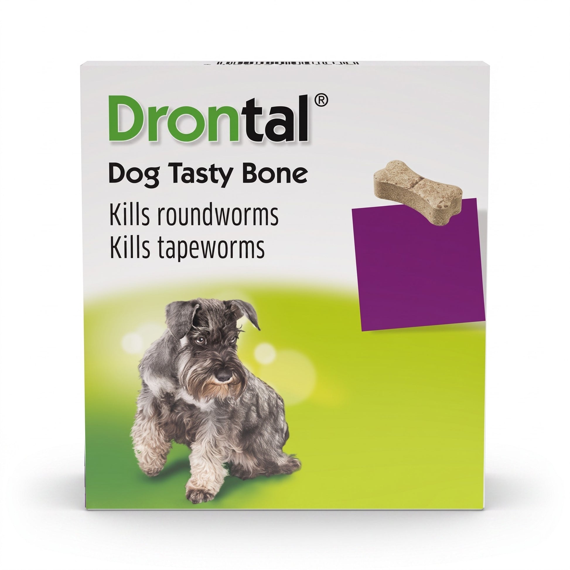 PetFriend Drontal broad-spectrum de-wormer tablet packaging for dogs featuring a Schnauzer and bone-shaped treat