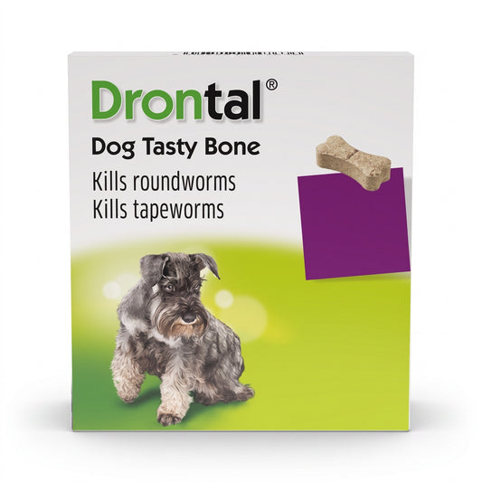PetFriend Drontal broad-spectrum de-wormer tablet packaging for dogs featuring a Schnauzer and bone-shaped treat