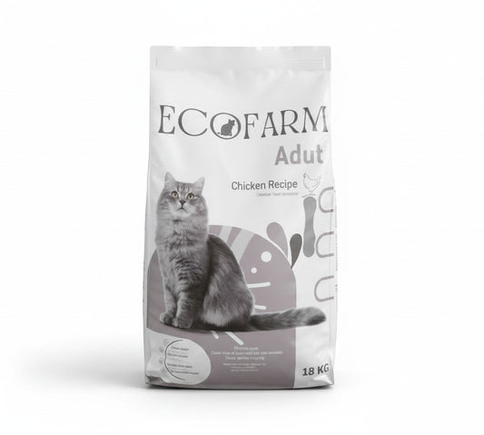 PetFriend EcoFarm adult cat dry food 18kg bag with poultry recipe, featuring a grey cat illustration on the packaging.