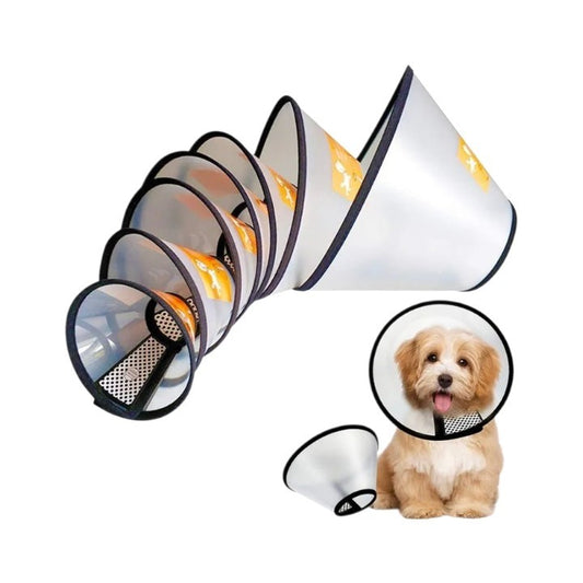 PetFriend Elizabethan collar for dogs and cats in various sizes, featuring a clear cone design with black trim.