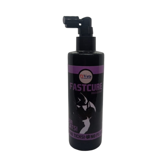 PetFriend FastCure 250ml flea and tick spray bottle for cats with a black nozzle and purple label