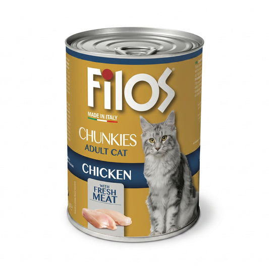 PetFriend Filos chicken wet cat food in a 405g tin featuring a grey cat illustration on a gold label