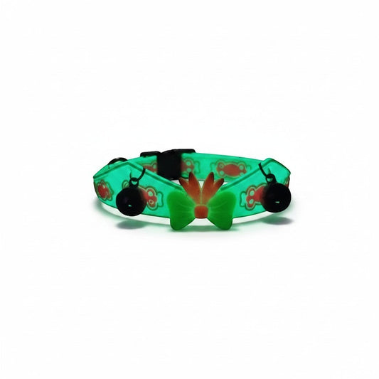 PetFriend fluorescent green pet collar featuring a decorative bow, gilded chain accents, and two small bells.