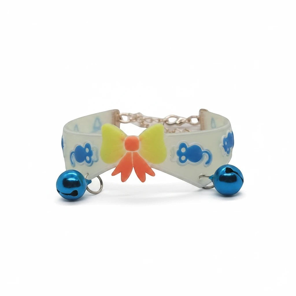 PetFriend fluorescent pet collar featuring a yellow bow, blue mouse patterns, and two dangling blue bells.