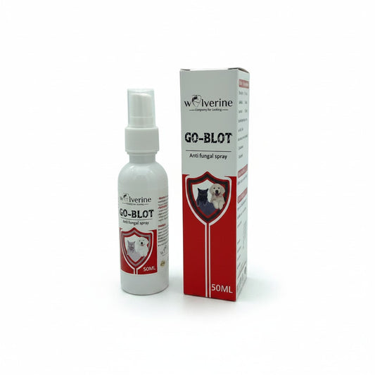 PetFriend GO-BLOT 50ml anti-fungal spray bottle and box for dogs and cats with red shield logo