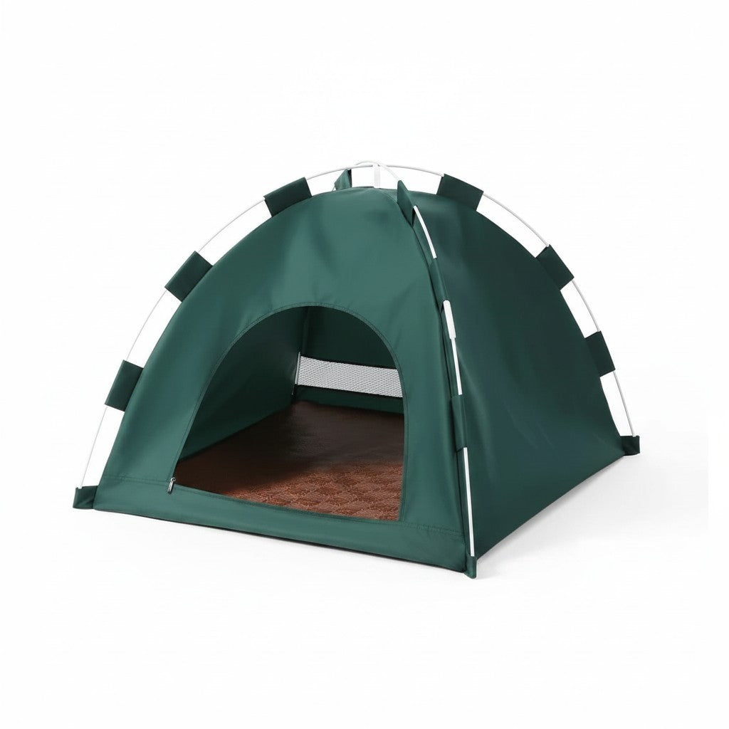 PetFriend dark green portable pet tent with a brown floor and mesh ventilation window on a white background