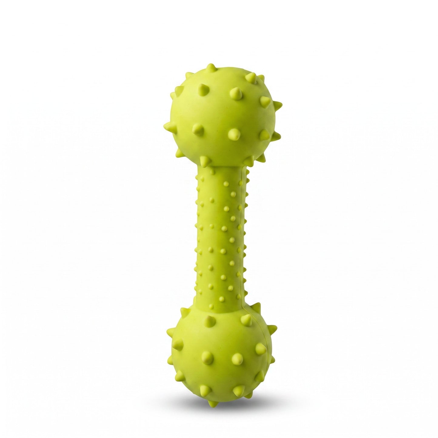 PetFriend lime green rubber drum-shaped dog teether toy with textured spikes and internal bells